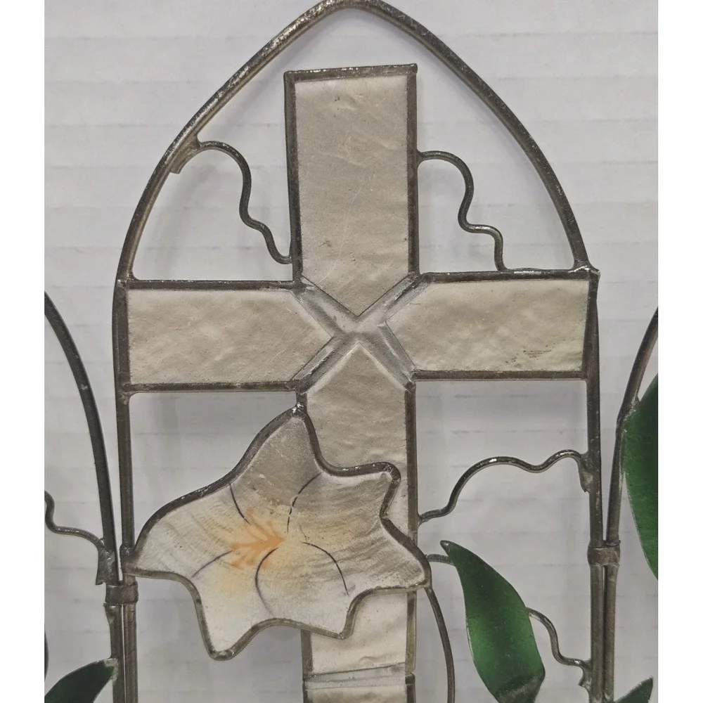 Vtg Capiz Shell Cross Calla Lily Triptych Panel 7.5